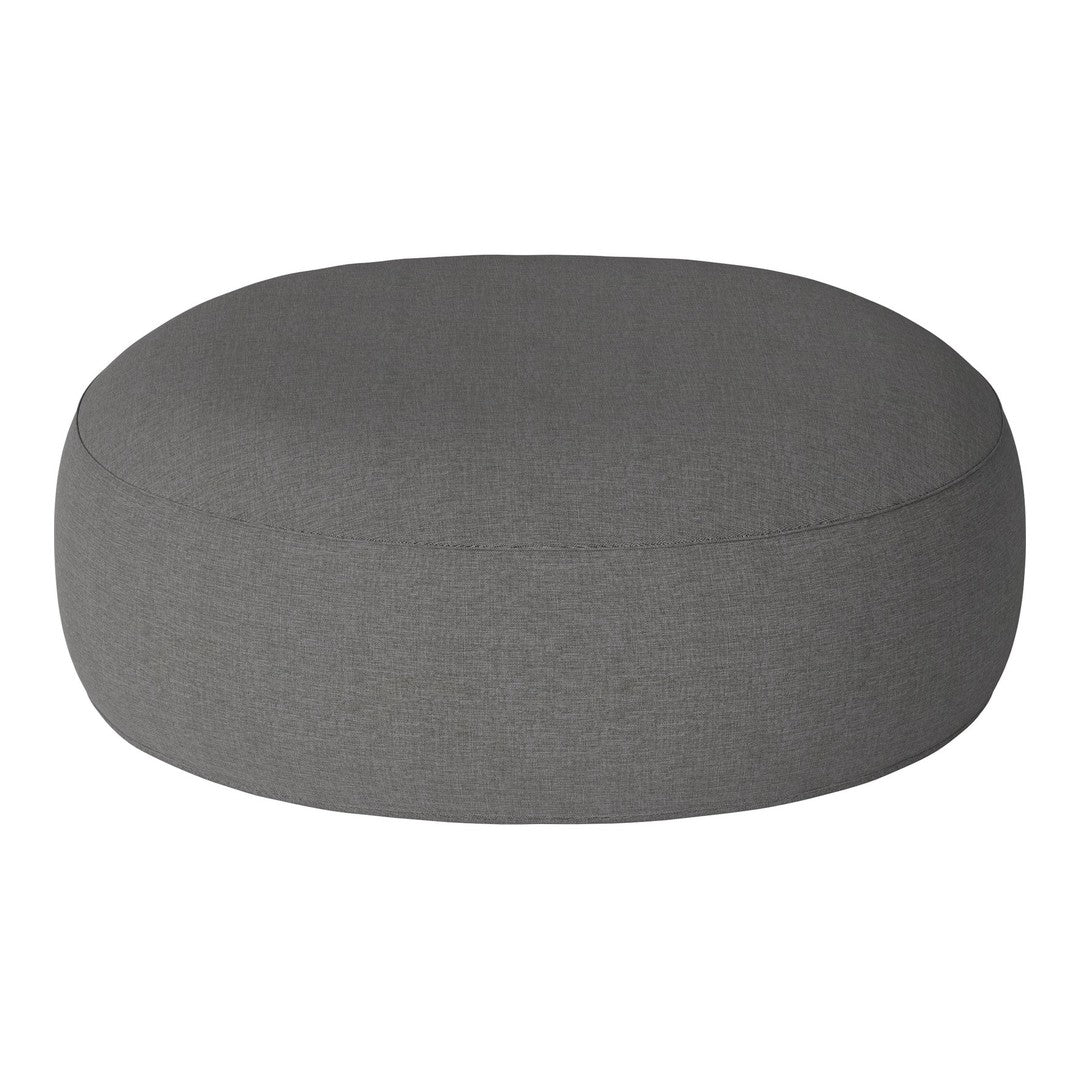 Gray oval pouf with a smooth, textured fabric, perfect for minimalist decor and versatile styling options.