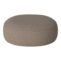 Round pouf in a warm taupe color with a subtle woven texture, perfect for versatile home decor.