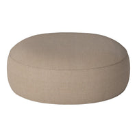 Round beige pouf with a smooth texture, perfect for minimalist decor and versatile seating options.