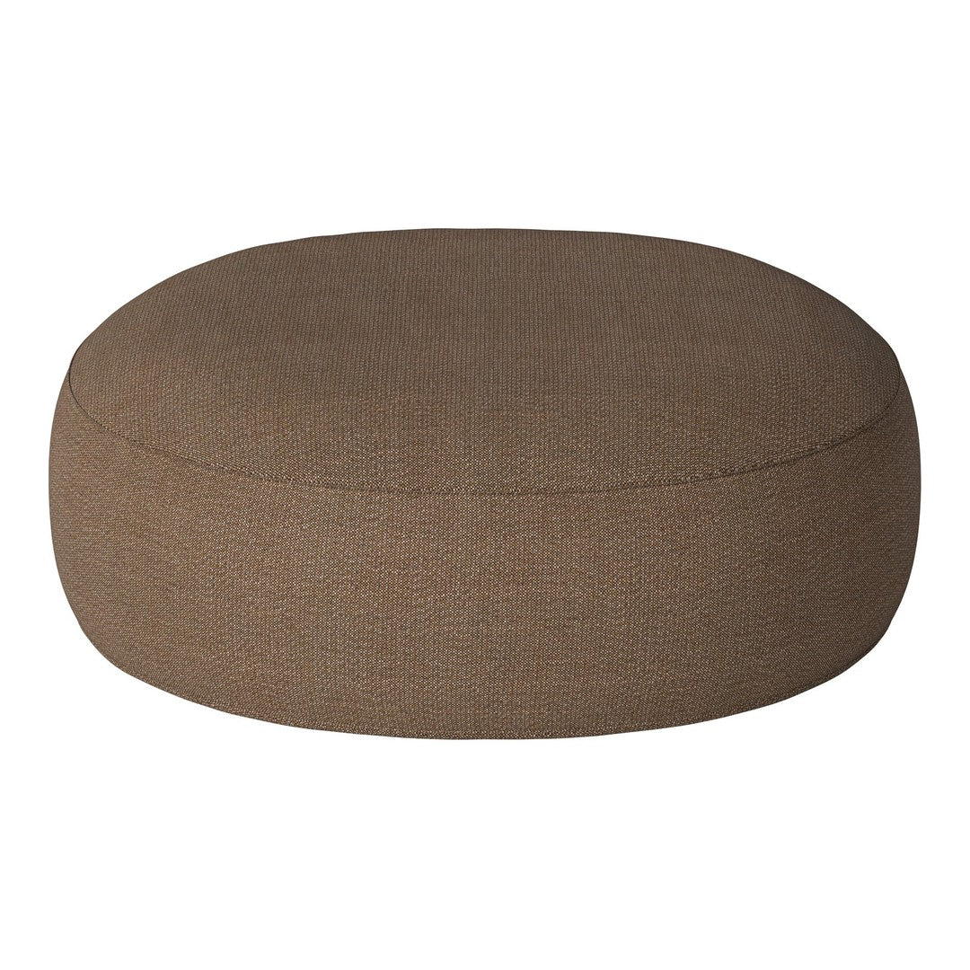 Round brown pouf with a textured fabric pattern, perfect for adding warmth and style to any space.