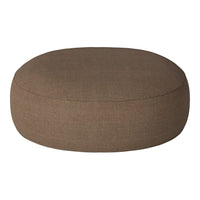 Round brown pouf with a textured fabric pattern, perfect for adding warmth and style to any space.