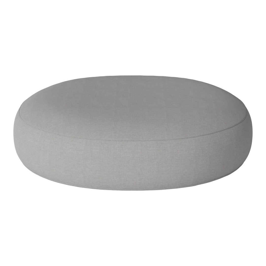 Round gray cushion with a sleek, minimalist design and smooth fabric surface, perfect for modern home decor.