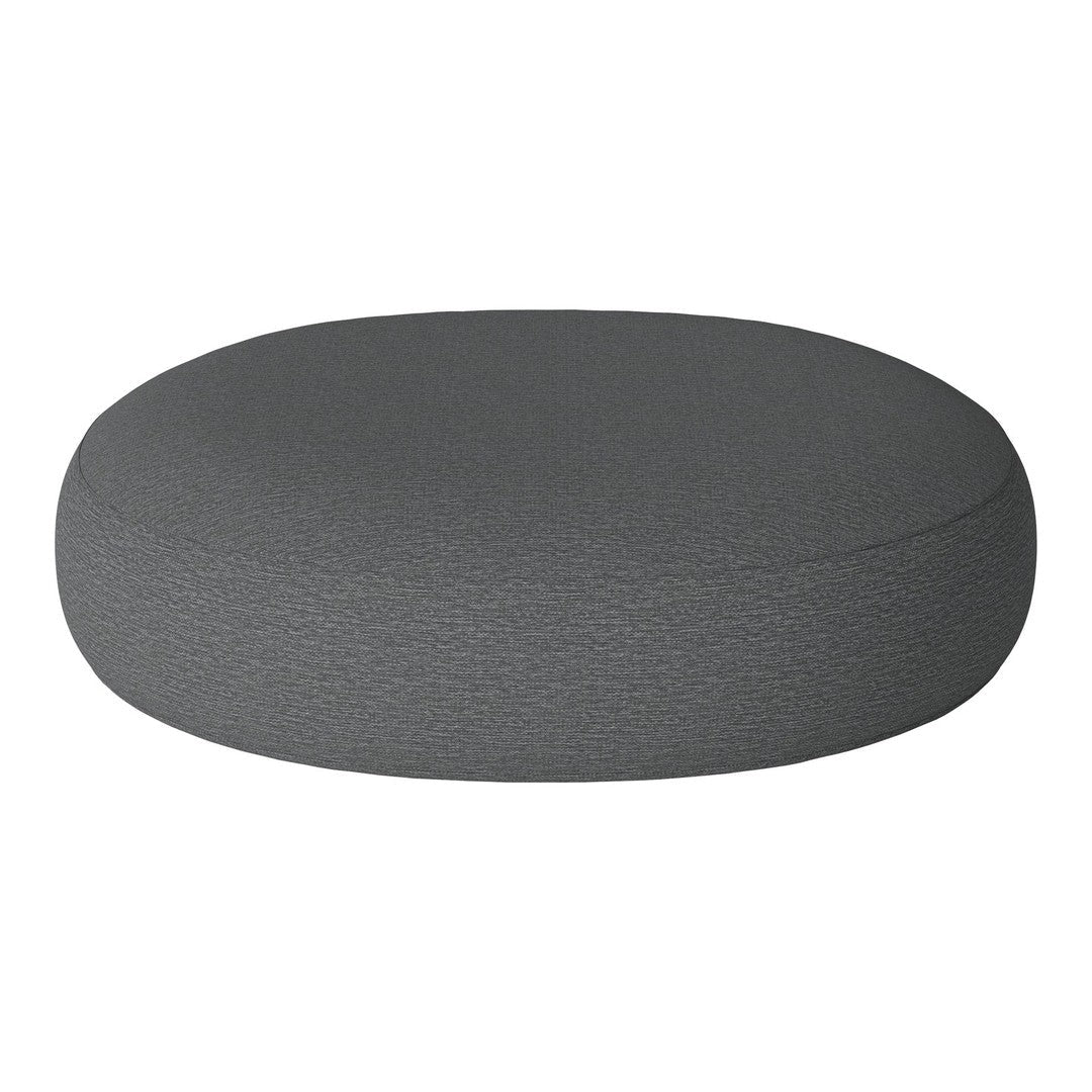 Round gray cushion with a textured fabric surface, perfect for modern decor.