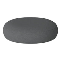 Round gray cushion with a textured fabric surface, perfect for modern decor.