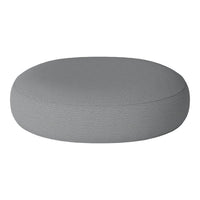 Round gray pouf with a textured fabric surface, perfect for modern decor.