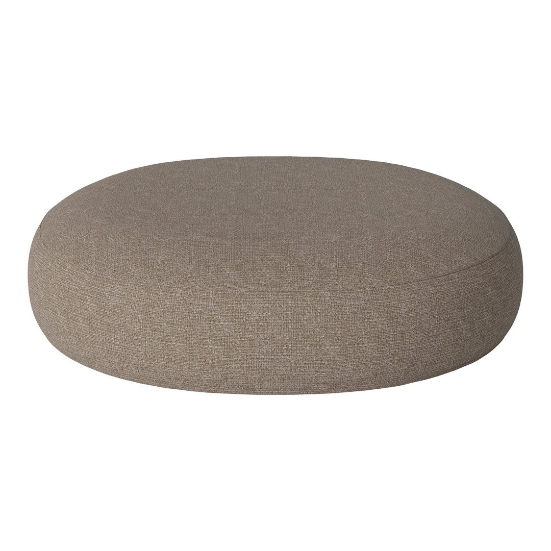 Round, beige cushion with a textured fabric, perfect for modern decor. Soft, neutral tones enhance any space.