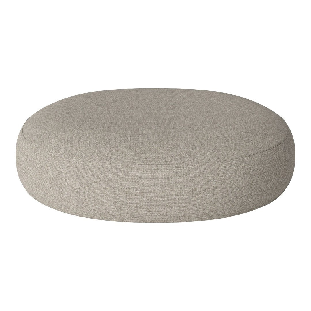 Round, light gray cushion with a smooth, textured surface, perfect for modern home decor.