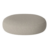 Round, light gray cushion with a smooth, textured surface, perfect for modern home decor.