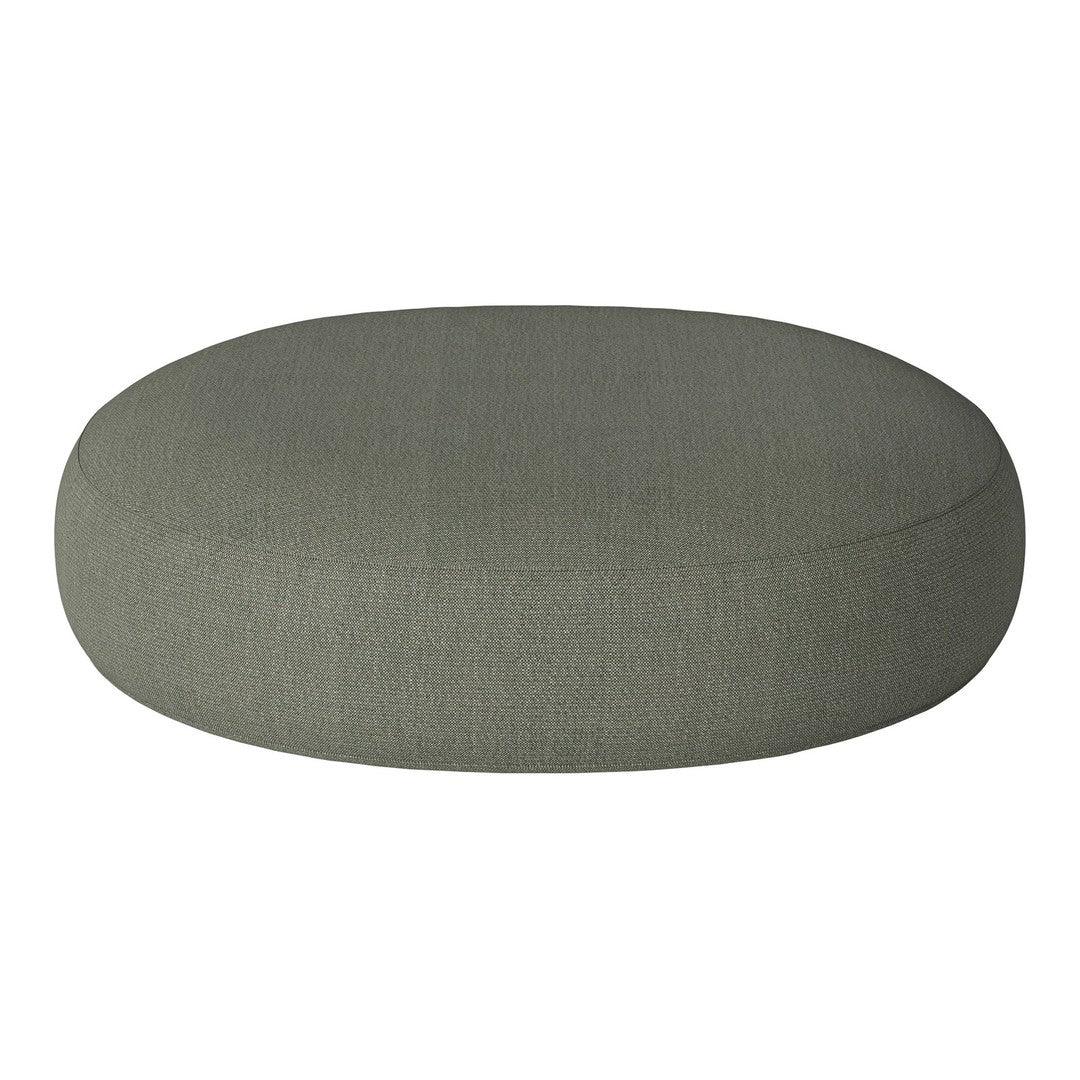 Olive green round cushion with a smooth, textured fabric surface and minimalist design. Perfect for modern decor.