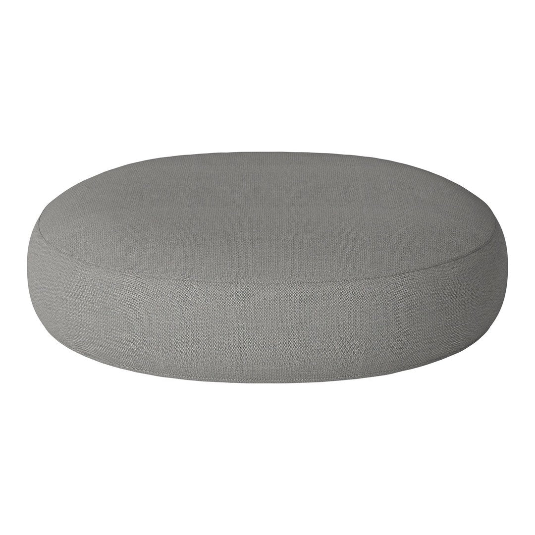 Round gray cushion with a smooth, solid fabric surface, perfect for modern decor.