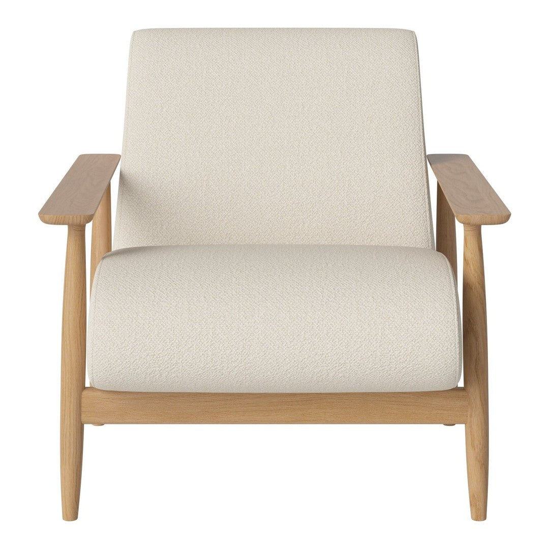 Light beige upholstered chair with natural wood armrests and clean, modern lines. Perfect for minimalistic decor.