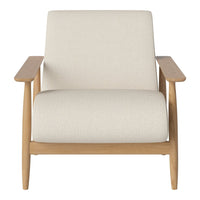 Light beige upholstered chair with natural wood armrests and clean, modern lines. Perfect for minimalistic decor.
