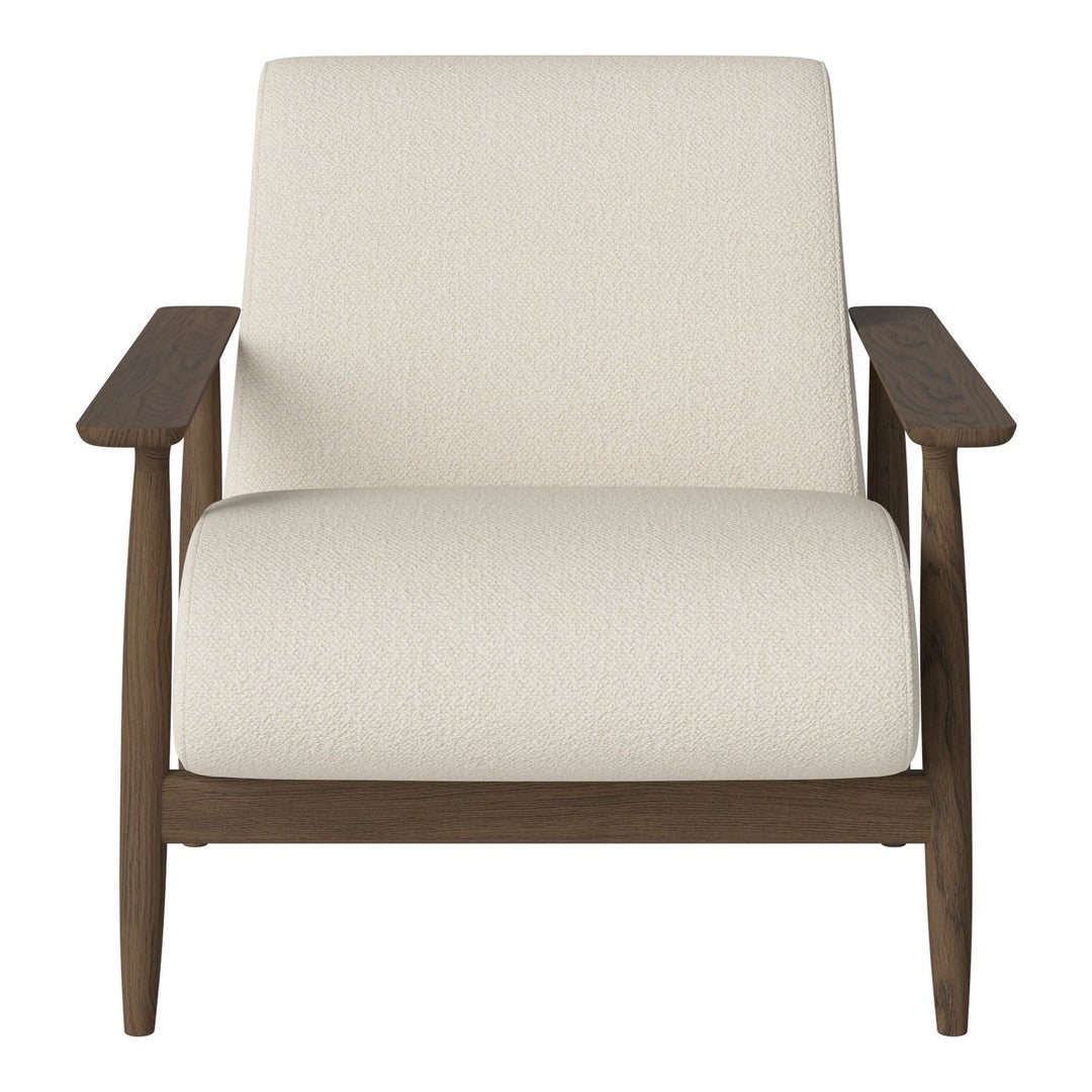 Cream upholstered chair with minimalist design and wooden frame, featuring soft, neutral tones. Perfect for modern decor.