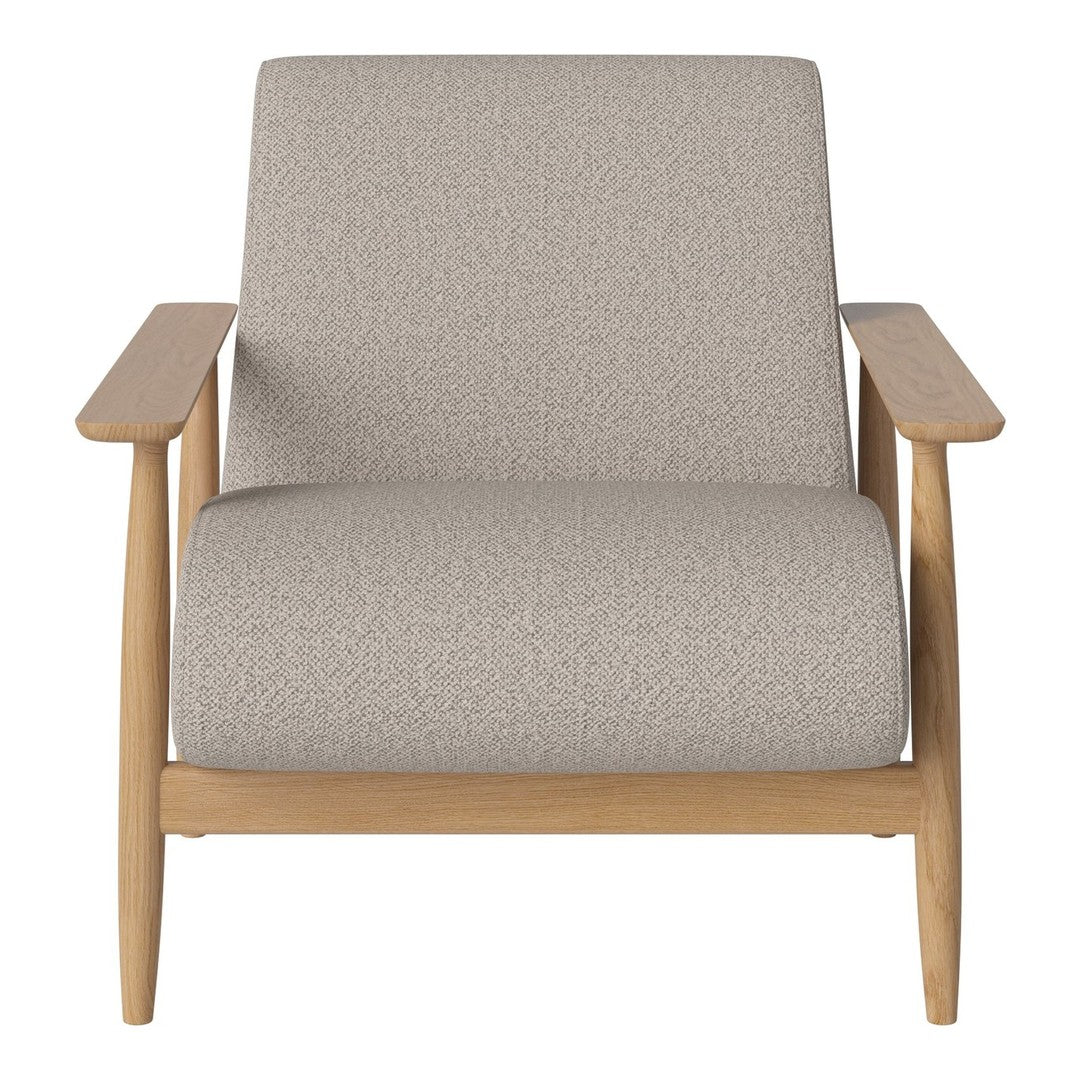 Light gray textured fabric armchair with natural wood legs and a minimalist design. Perfect for modern interiors.