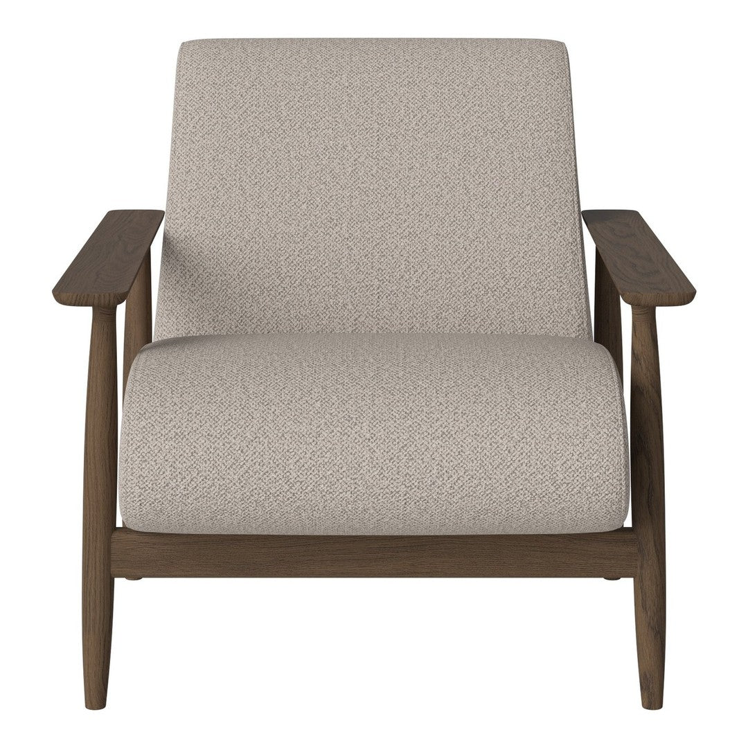 Light gray upholstered armchair with a textured pattern and wooden frame in a warm brown finish.
