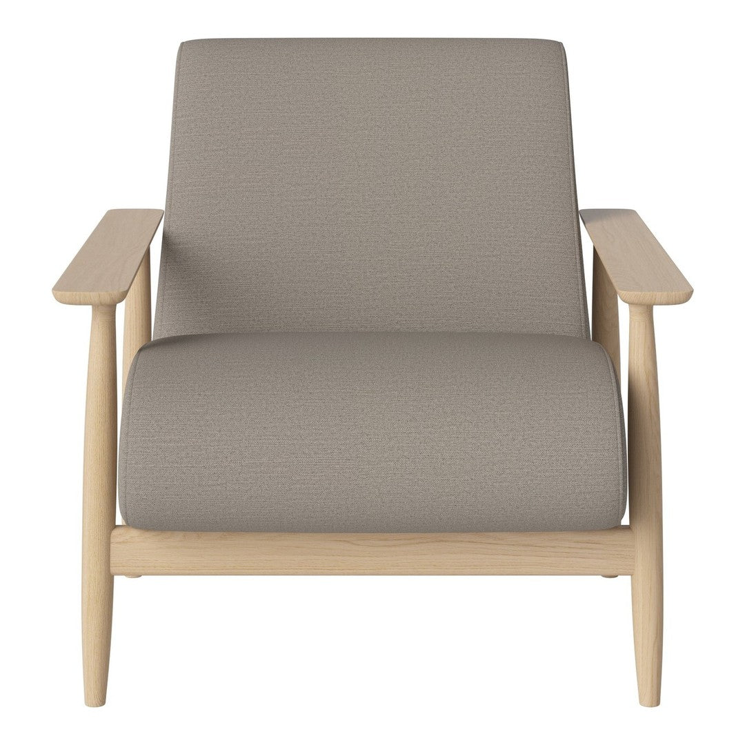 Light gray upholstered chair with a simple pattern and natural wood frame, perfect for modern decor.
