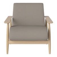 Light gray upholstered chair with a simple pattern and natural wood frame, perfect for modern decor.
