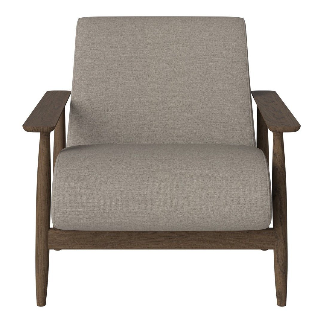 Beige upholstered armchair with smooth fabric and wooden armrests, featuring a minimalist design.