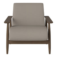 Beige upholstered armchair with smooth fabric and wooden armrests, featuring a minimalist design.