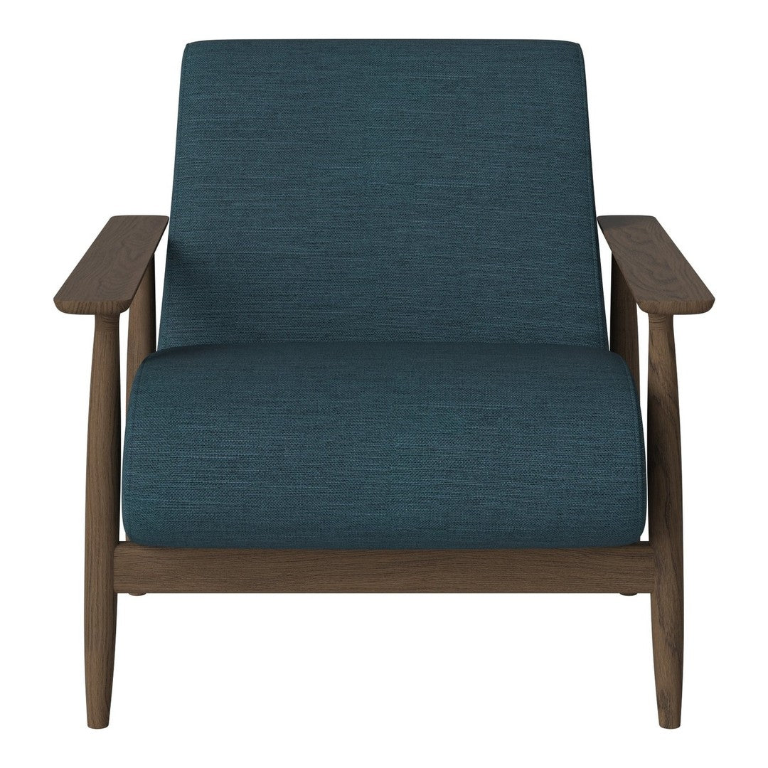 Teal upholstered lounge chair with a textured pattern and wooden armrests, offering a stylish, modern accent.