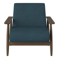 Teal upholstered lounge chair with a textured pattern and wooden armrests, offering a stylish, modern accent.