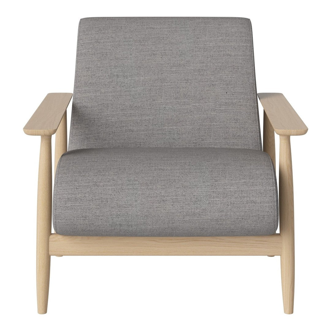 Gray upholstered armchair with a sleek design and natural wood arms, perfect for modern decor.