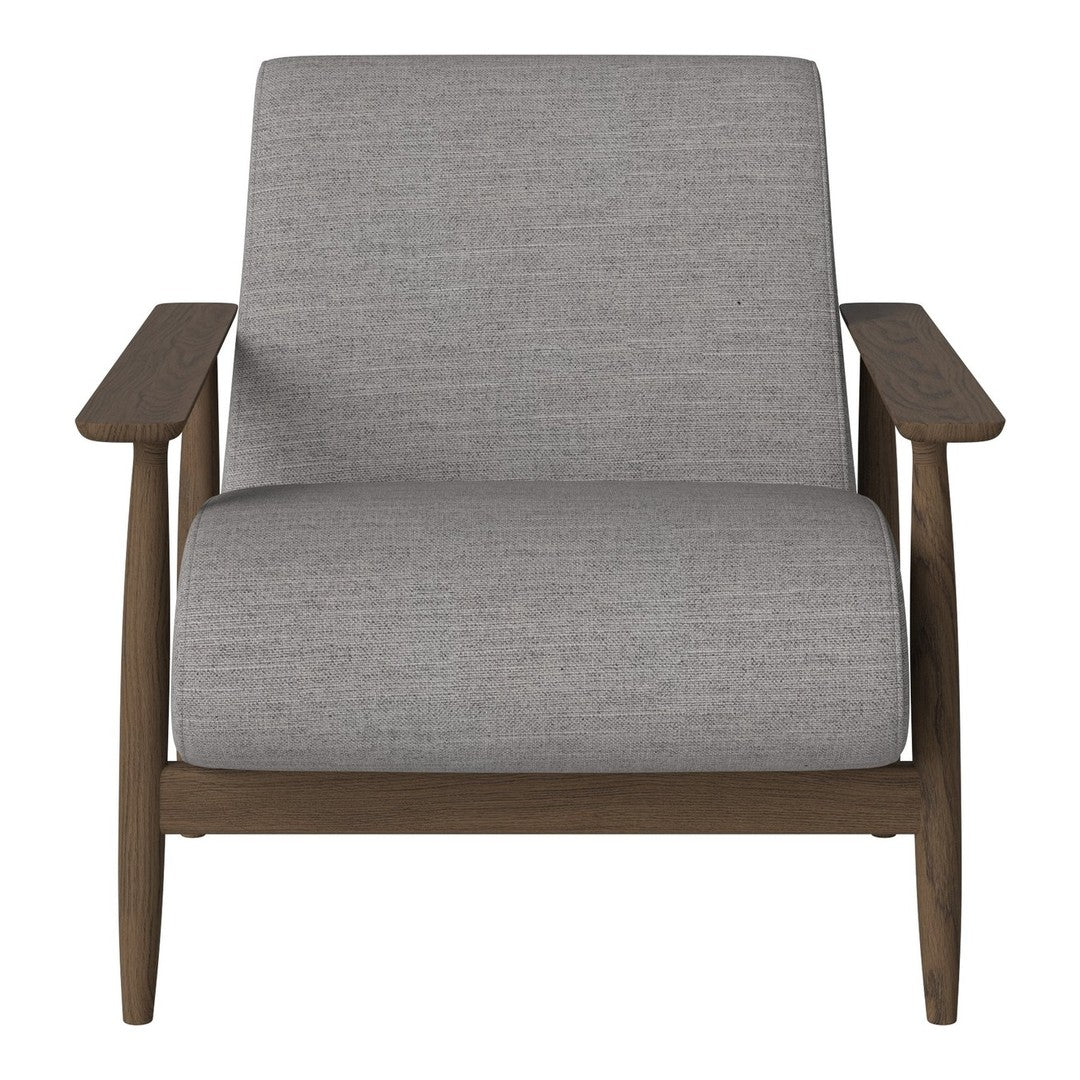 Gray upholstered armchair with a textured fabric, complemented by a warm wood frame. Simple, modern design.