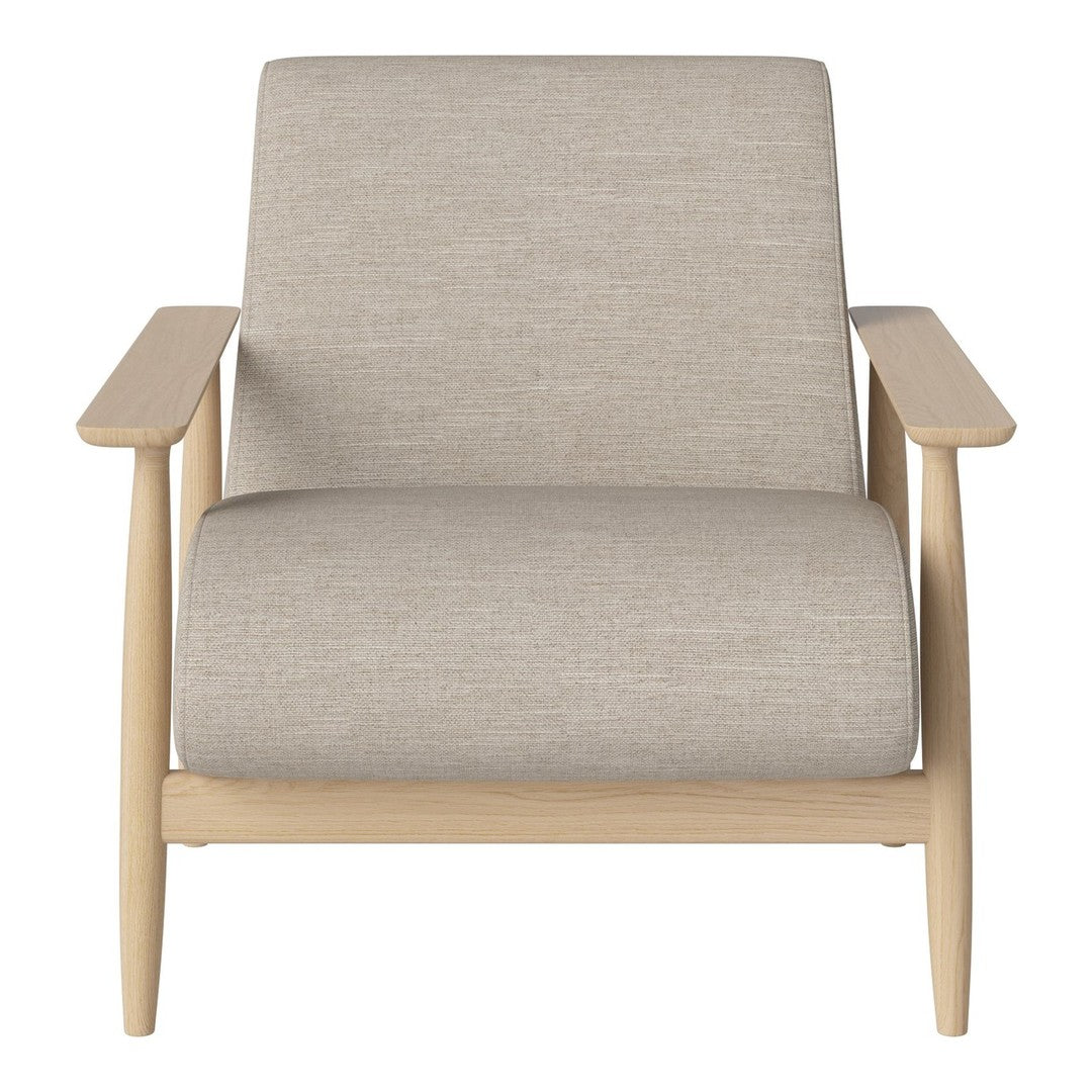 Light beige armchair with a smooth texture and natural wood armrests, showcasing a minimalist design.