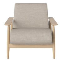 Light beige armchair with a smooth texture and natural wood armrests, showcasing a minimalist design.