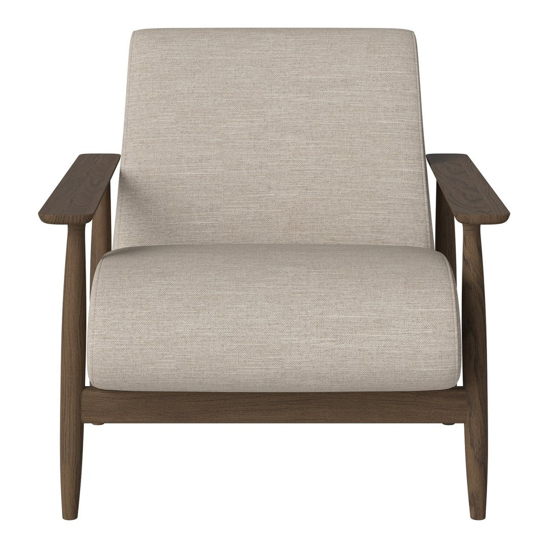 Light beige upholstered chair with a smooth texture and dark wooden arms. Simple, modern design.