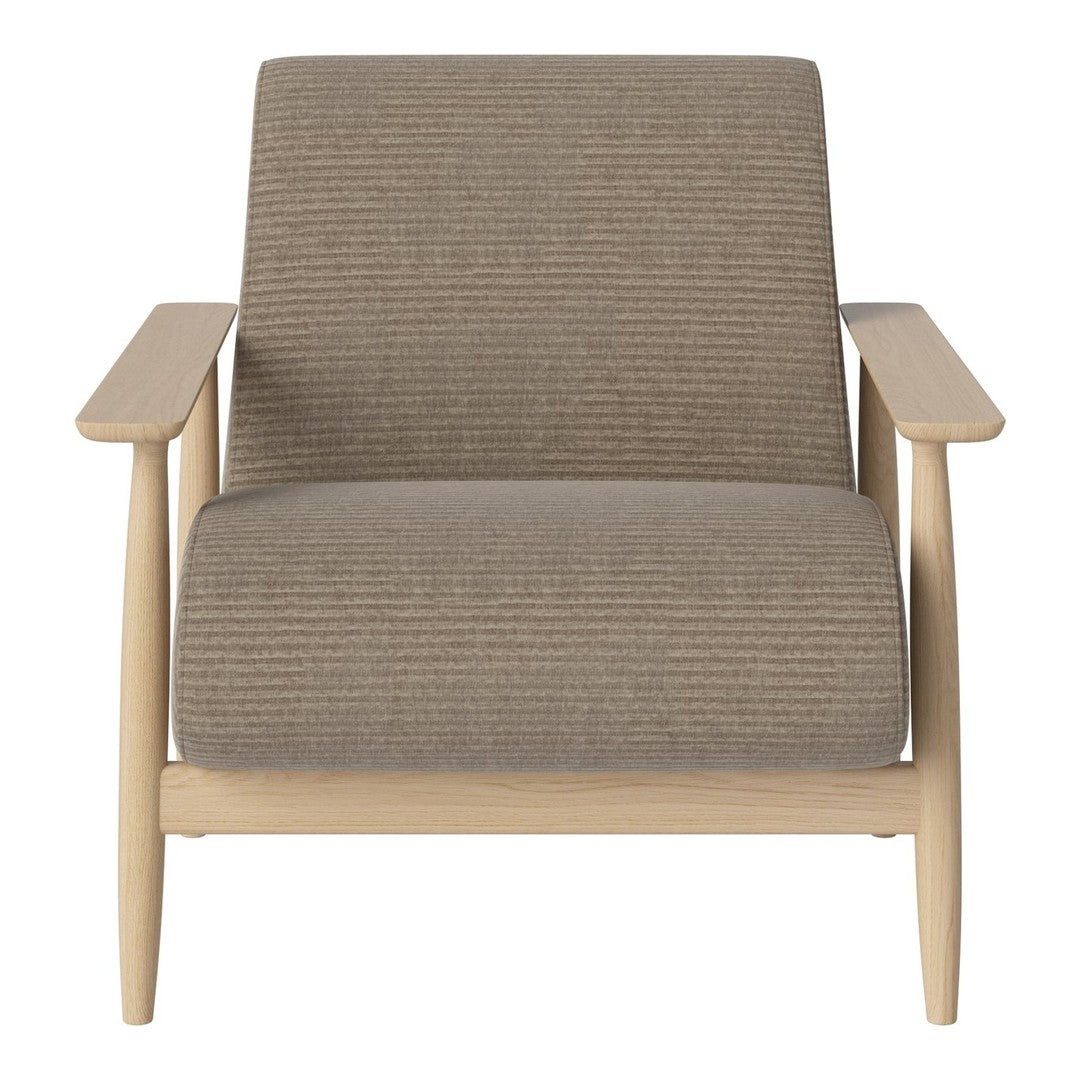 Beige striped armchair with light wooden frame, offering a modern and minimalist design. Perfect for stylish interiors.