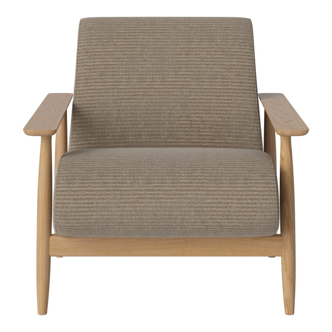Gray striped upholstery on a minimalist wooden chair with natural oak finish. Perfect for modern decor.