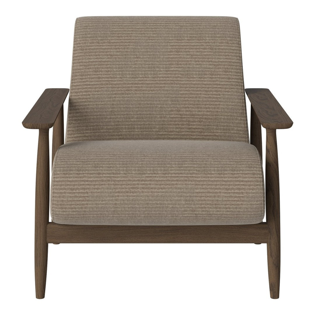 Light brown striped fabric accent chair with wooden armrests and legs, showcasing a modern, minimalist design.