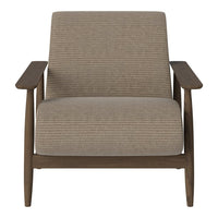 Light brown striped fabric accent chair with wooden armrests and legs, showcasing a modern, minimalist design.