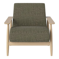 Green striped upholstery on a modern armchair with light wooden frame and minimalist design.