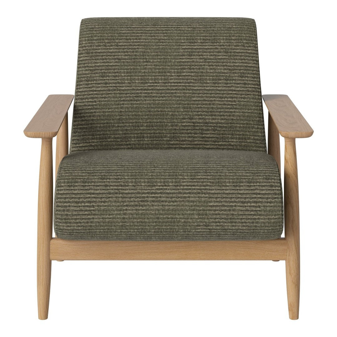Green striped upholstery on a modern chair with natural wood arms, offering a contemporary and stylish look.