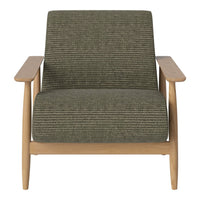 Green striped upholstery on a modern chair with natural wood arms, offering a contemporary and stylish look.