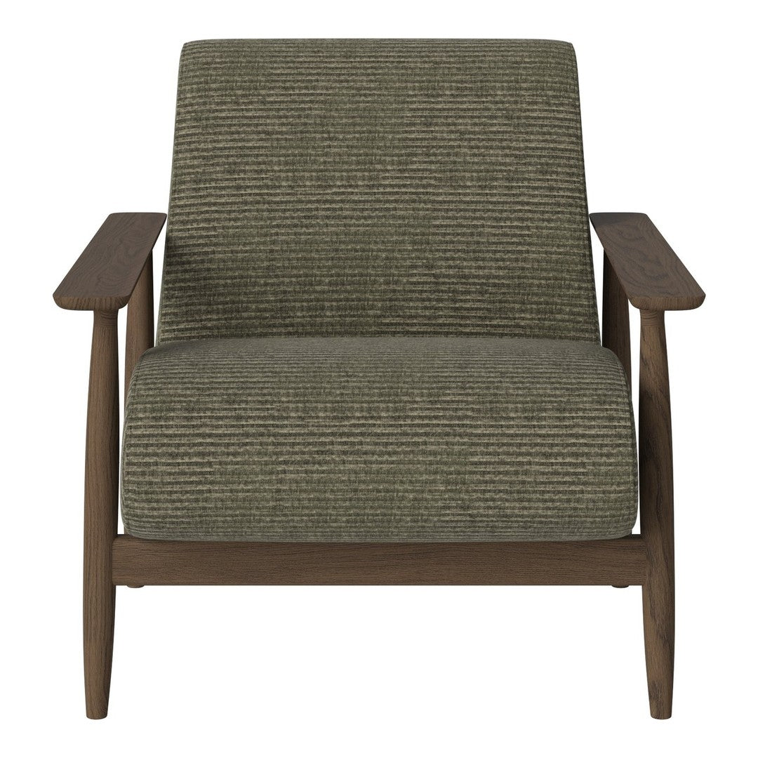 "Green striped upholstery on a mid-century modern chair with wooden arms and legs."