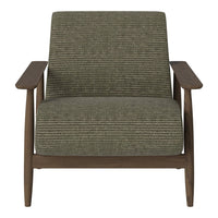 "Green striped upholstery on a mid-century modern chair with wooden arms and legs."