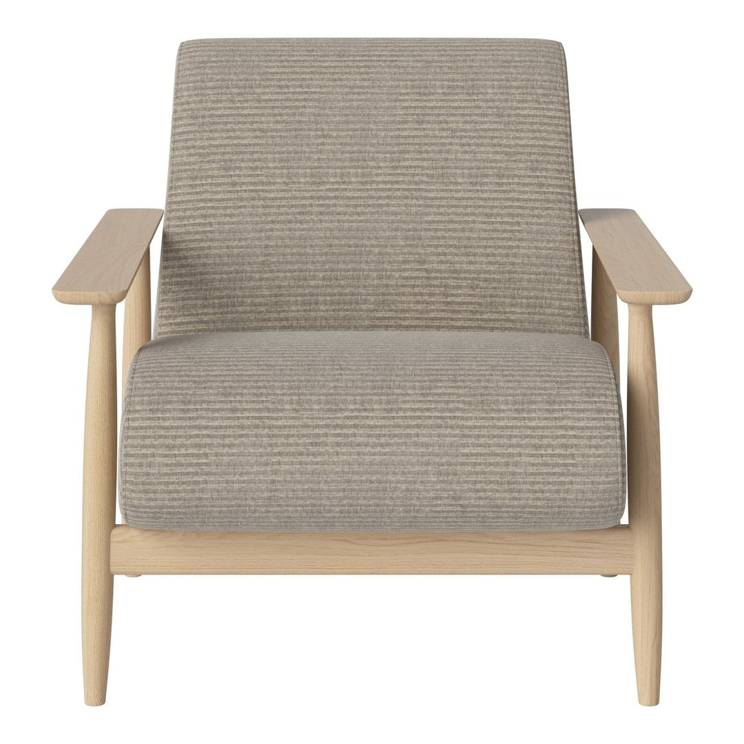 Gray striped upholstery on a modern armchair with light wood frame. Contemporary and stylish for any living space.