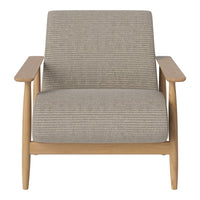 Light gray striped fabric armchair with natural wood frame, perfect for modern decor.