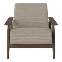Light gray striped upholstery armchair with a natural wood frame, adding a modern touch to any space.
