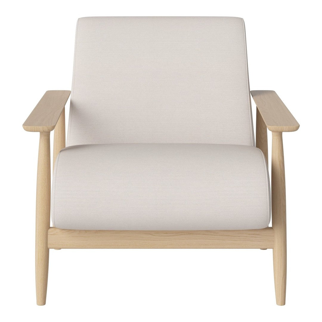 Light beige upholstered chair with natural wood arms and minimalist design. Perfect for modern interiors.