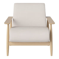 Light beige upholstered chair with natural wood arms and minimalist design. Perfect for modern interiors.