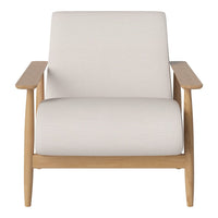 Light beige fabric armchair with natural wood arms and minimalist design, perfect for modern decor.