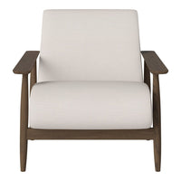 Light beige upholstered armchair with natural wood legs, featuring a minimalist design and smooth lines.