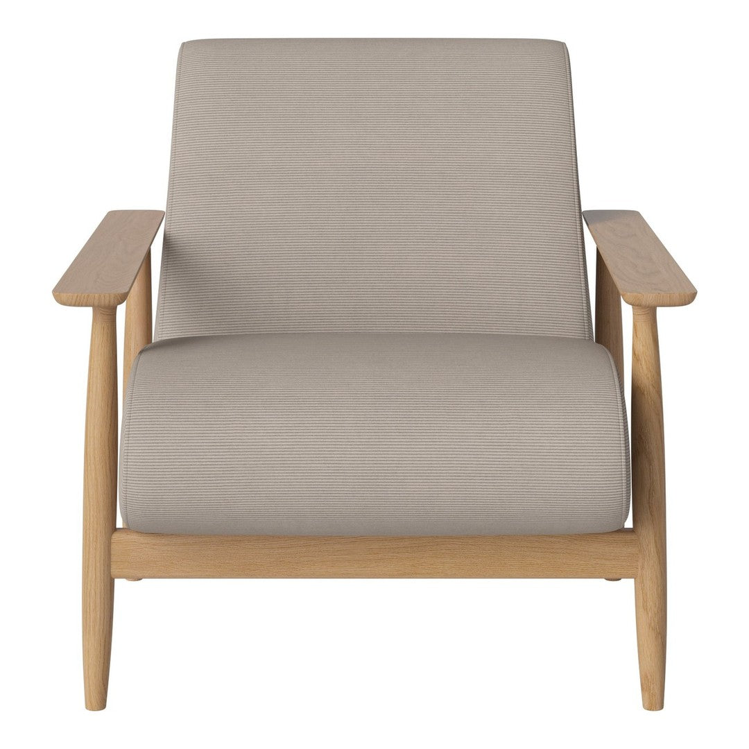 Light gray fabric armchair with natural wood frame and minimalist design, perfect for modern decor.