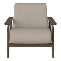 Beige upholstered chair with a sleek wooden frame and smooth, minimalist design. Perfect for modern decor.