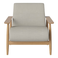 Modern light gray upholstered chair with natural wood armrests, featuring clean lines and minimalist design.