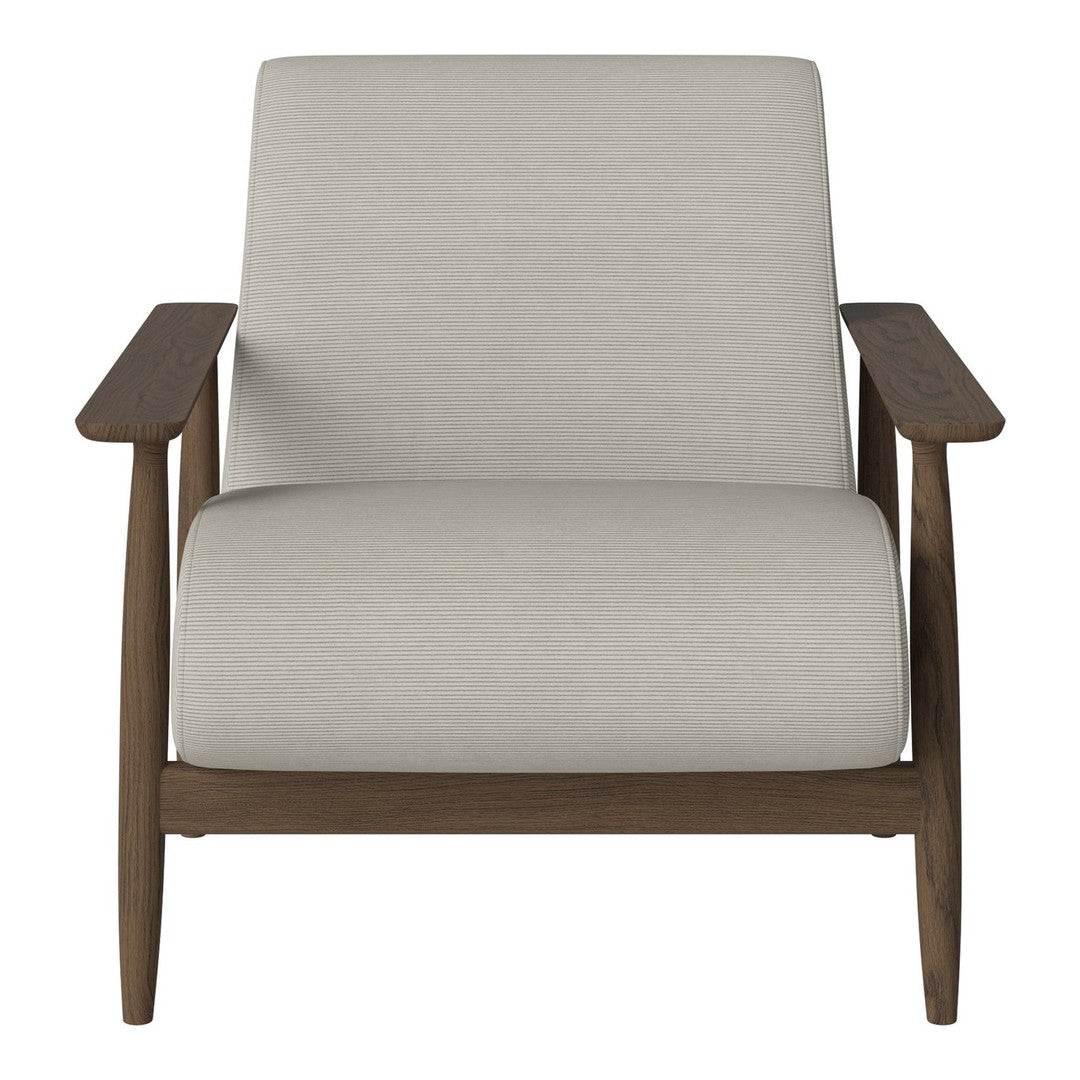 Light gray upholstered armchair with a smooth texture and dark wooden frame accents. Minimalist design.